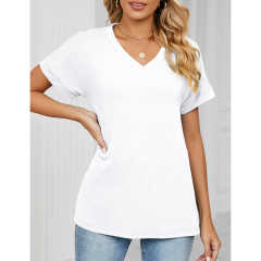 White Raglan Sleeve V Neck T-shirt with Slit TQX210217-1