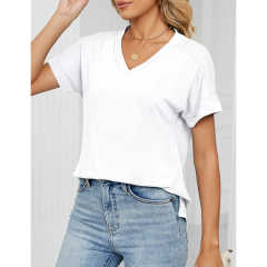 White Raglan Sleeve V Neck T-shirt with Slit TQX210217-1