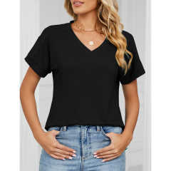 Black Raglan Sleeve V Neck T-shirt with Slit TQX210217-2