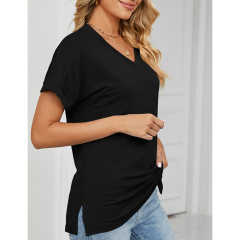 Black Raglan Sleeve V Neck T-shirt with Slit TQX210217-2