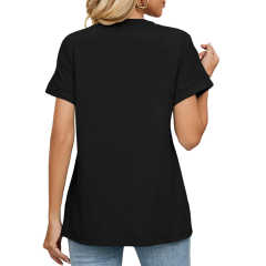 Black Raglan Sleeve V Neck T-shirt with Slit TQX210217-2