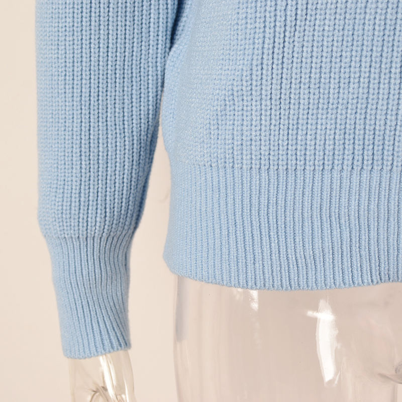 Blue Solid Color V Neck Cable Knit Sweater