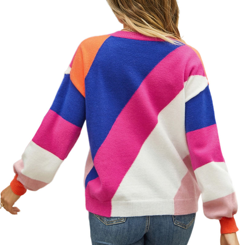 Rosy Colorblock Round Neck Long Sleeve Sweater
