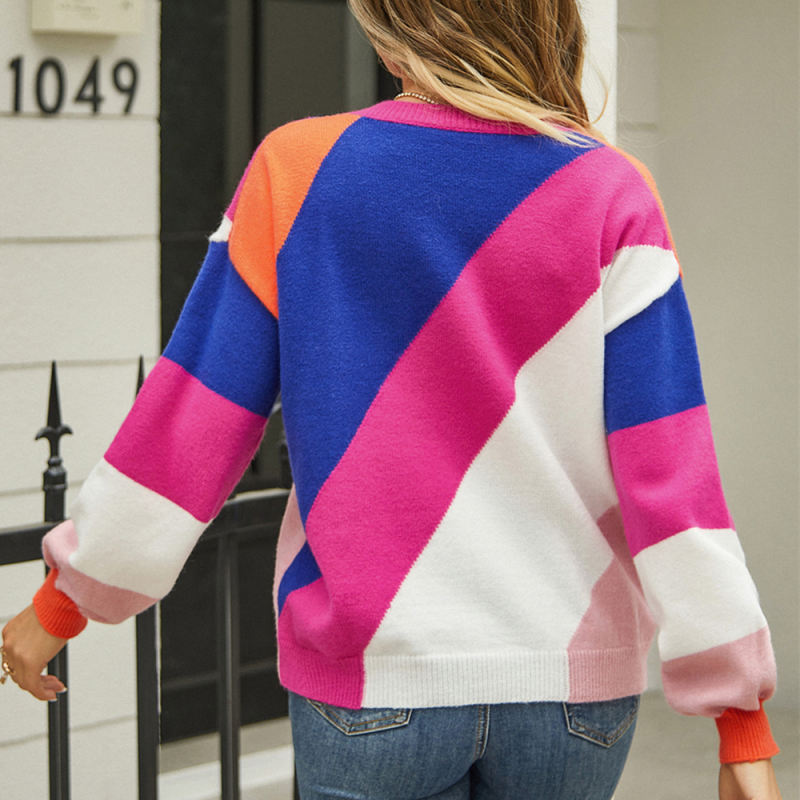 Rosy Colorblock Round Neck Long Sleeve Sweater