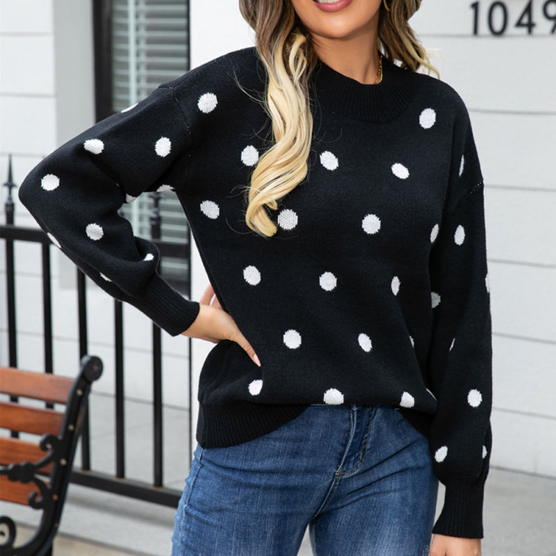 Black Spots Pattern O Neck Pullover Knit Sweater