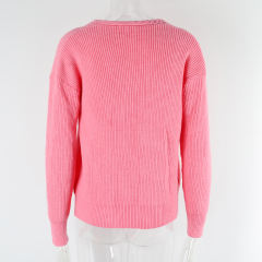 Pink Solid Color V Neck Cable Knit Sweater