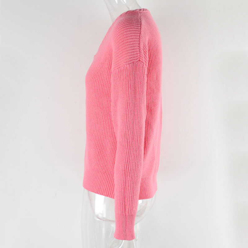 Pink Solid Color V Neck Cable Knit Sweater