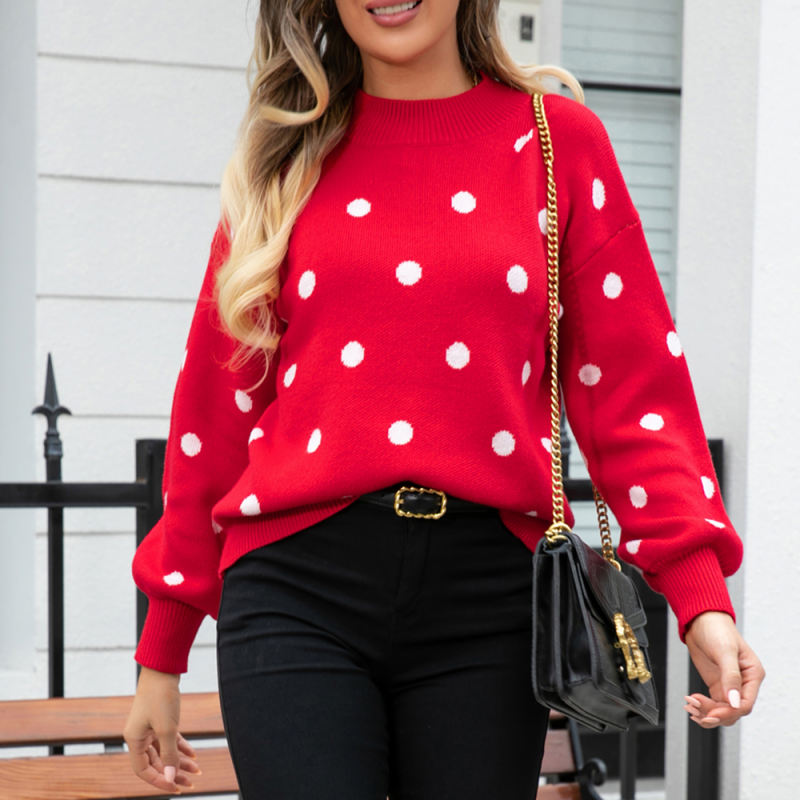 Red Spots Pattern O Neck Pullover Knit Sweater