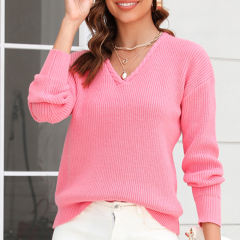 Pink Solid Color V Neck Cable Knit Sweater