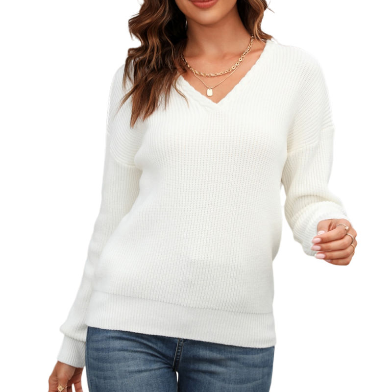 White Solid Color V Neck Cable Knit Sweater
