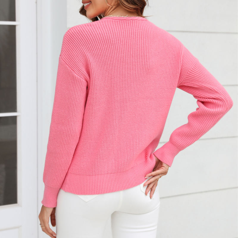 Pink Solid Color V Neck Cable Knit Sweater