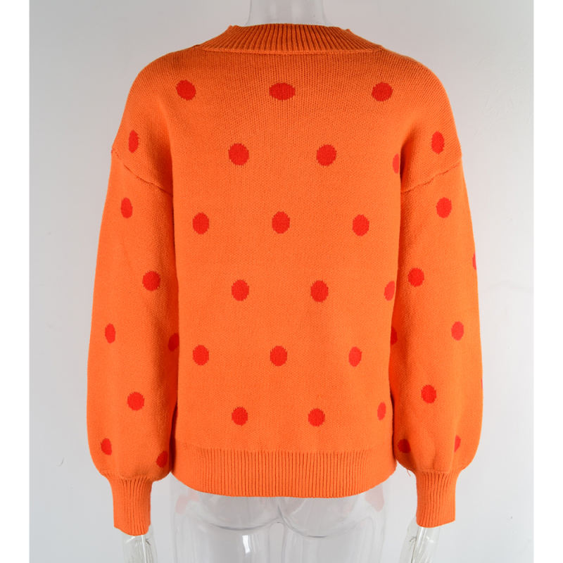 Orange Spots Pattern O Neck Pullover Knit Sweater