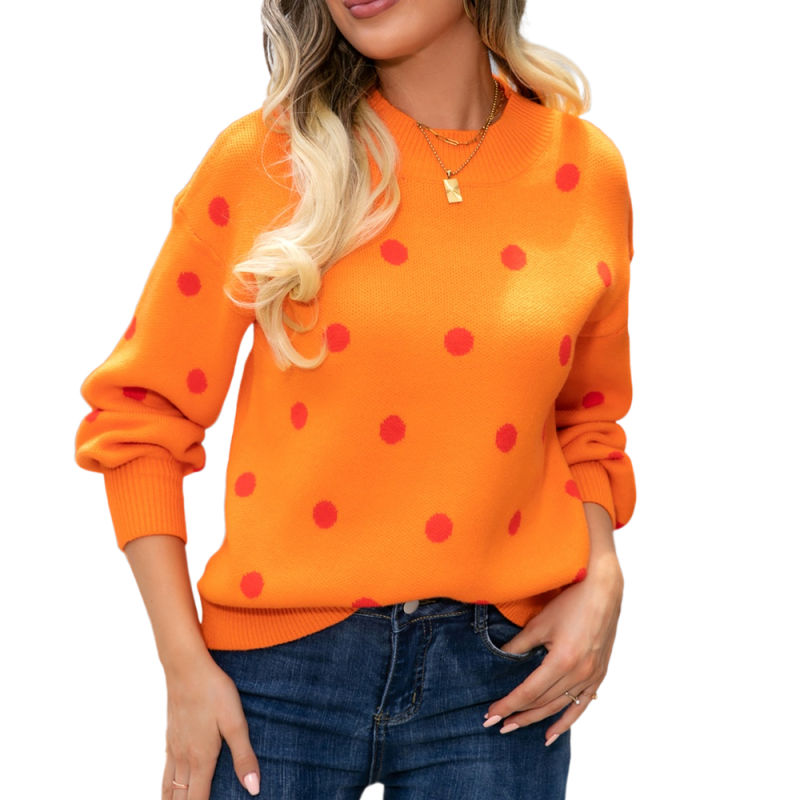 Orange Spots Pattern O Neck Pullover Knit Sweater
