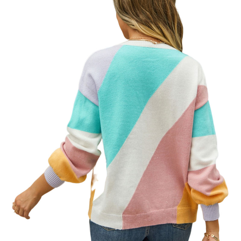 Green Colorblock Round Neck Long Sleeve Sweater