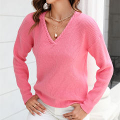 Pink Solid Color V Neck Cable Knit Sweater