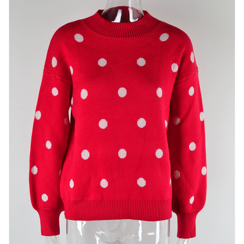 Red Spots Pattern O Neck Pullover Knit Sweater