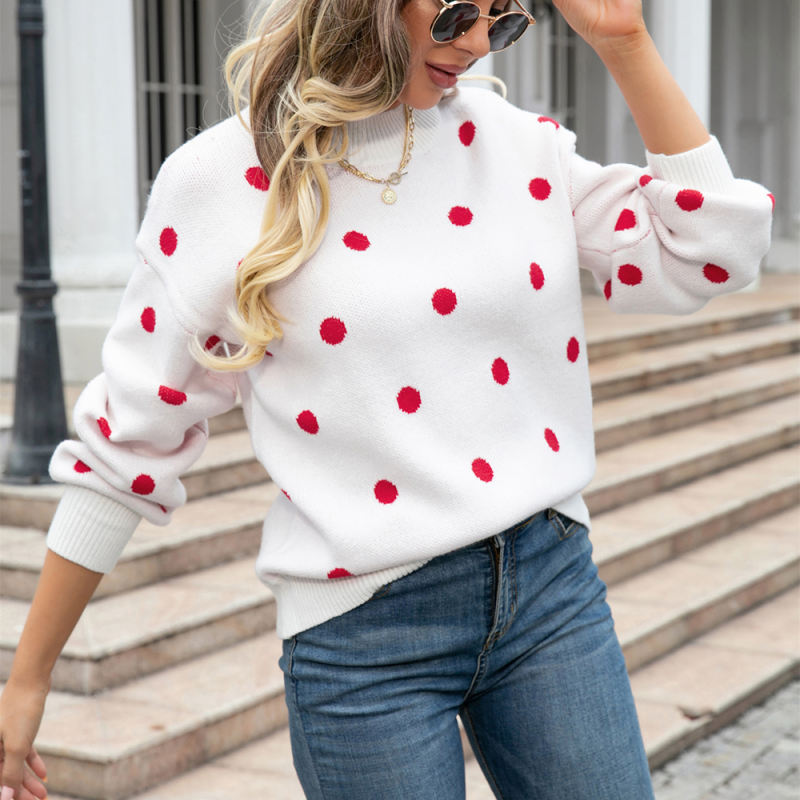 White Spots Pattern O Neck Pullover Knit Sweater
