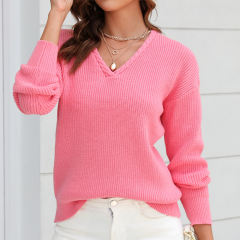 Pink Solid Color V Neck Cable Knit Sweater
