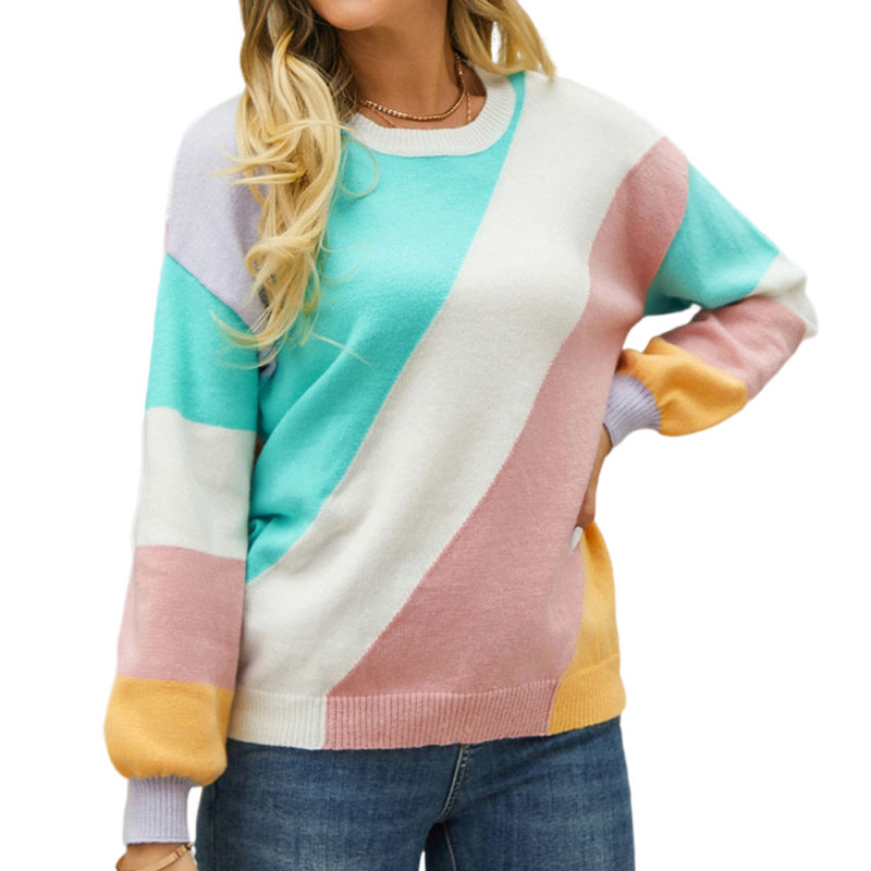 Green Colorblock Round Neck Long Sleeve Sweater