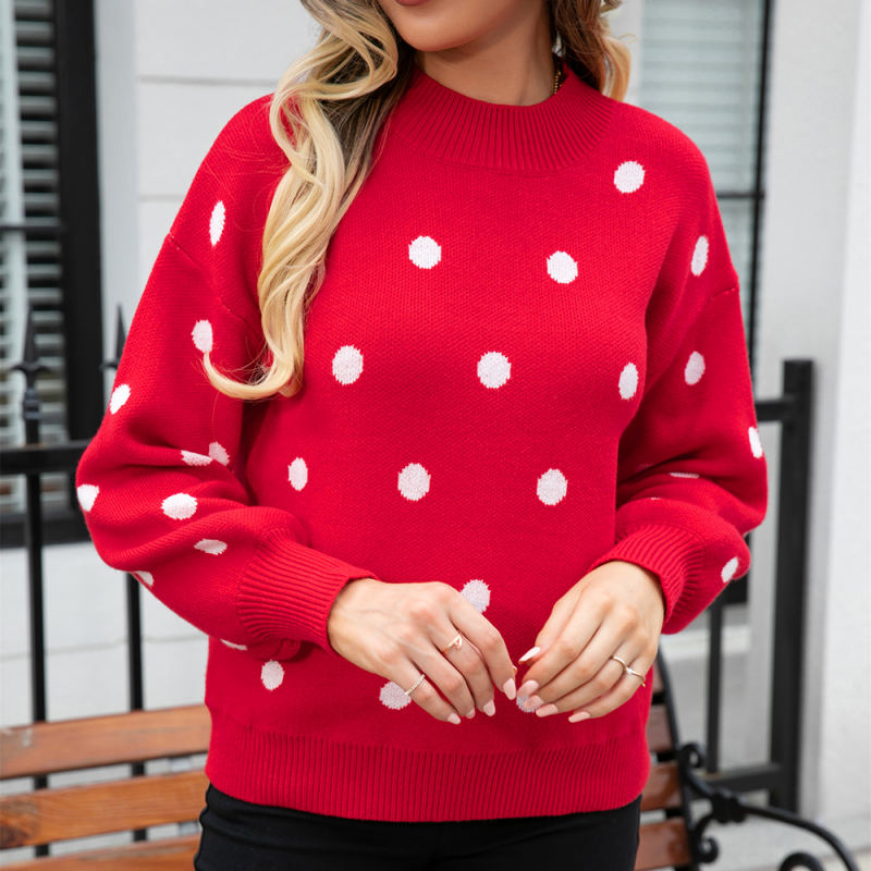 Red Spots Pattern O Neck Pullover Knit Sweater