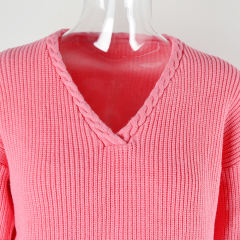 Pink Solid Color V Neck Cable Knit Sweater