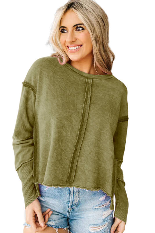 Green Exposed Seamed High Low Raw Edge Sweatshirt
