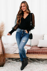 Black Mesh Long Sleeve Surplice Bodysuit