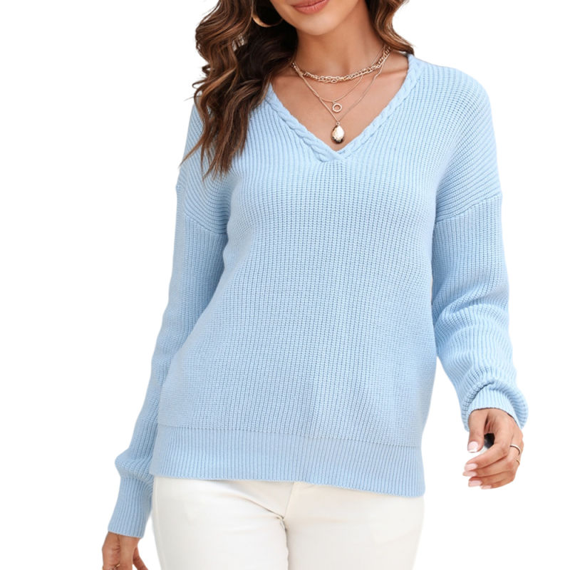 Blue Solid Color V Neck Cable Knit Sweater
