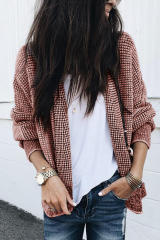 Peach Blossom Plaid Contrast Trim Open Front Cardigan