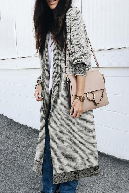 Gray Waffle Knit Pocketed Duster Cardigan
