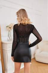 Black V Shape Rhinestone Sheer Long Sleeve Bodysuit