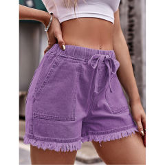 Purple Drawstring Elastic Waist Denim Shorts