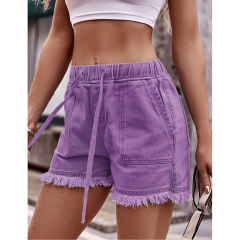 Purple Drawstring Elastic Waist Denim Shorts