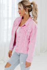 Pink Acid Wash Button Flap Pocket Denim Jacket LC788309-10