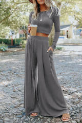 Gray Solid Color Ribbed Crop Top Long Pants Set LC625150-11