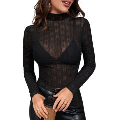 Black Sheer Mesh Wave Print Long Sleeve Bodysuit TQX950043-2