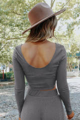 Gray Solid Color Ribbed Crop Top Long Pants Set LC625150-11