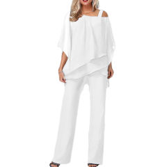 White Bat Sleeve Cold Shoulder Blouse and Pant Set TQX711107-1