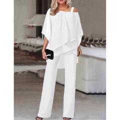 White Bat Sleeve Cold Shoulder Blouse and Pant Set TQX711107-1