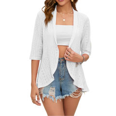 White 3/4 Sleeve Ruffle Hem Cardigan Top TQX210318-1