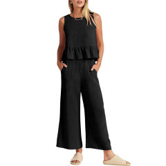 Black Sleeveless Pleated Tank and Wide Leg Pants set TQL710162-2
