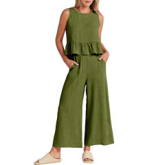 Green Sleeveless Pleated Tank and Wide Leg Pants set TQL710162-9