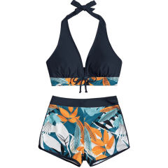 Black Halter Bikini and Tropical Print Boardshorts TQG610001-2