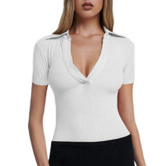 White Ribbed Deep V Neck Short Sleeve Bodysuit TQL550085-1