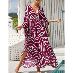Purplish Red Print Long Kinimo Beachwear TQL310062-32