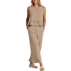Khaki Sleeveless Pleated Tank and Wide Leg Pants set TQL710162-21