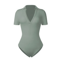 Light Green Ribbed Deep V Neck Short Sleeve Bodysuit TQL550085-28