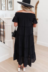 Black Plus Size Smocked Off Shoulder Frill Tiered Maxi Dress PL61518-2