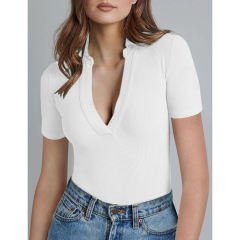 White Ribbed Deep V Neck Short Sleeve Bodysuit TQL550085-1