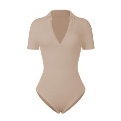 Khaki Ribbed Deep V Neck Short Sleeve Bodysuit TQL550085-21